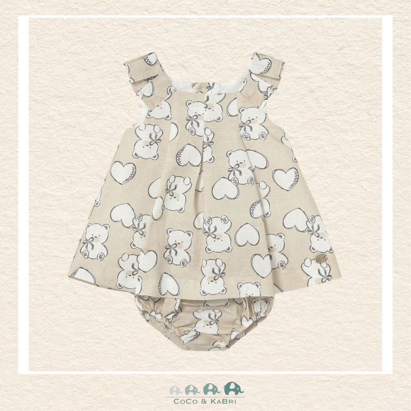 Front view of Mayoral baby girl beige dress featuring a charming teddy bear motif in a breathable linen-cotton blend | Canada