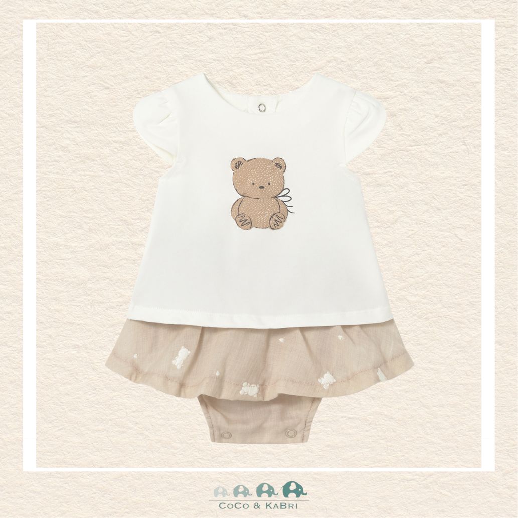 Front view of Mayoral baby girl dress featuring a teddy bear motif and ruffled skirt for sizes 2/4m-18M | Canada
