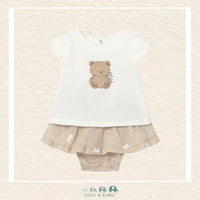 Front view of Mayoral baby girl dress featuring a teddy bear motif and ruffled skirt for sizes 2/4m-18M | Canada