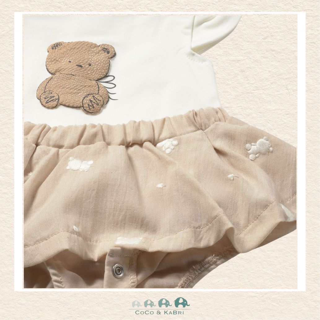 Close up view of Mayoral baby girl dress featuring a teddy bear motif and ruffled skirt for sizes 2/4m-18M | Canada
