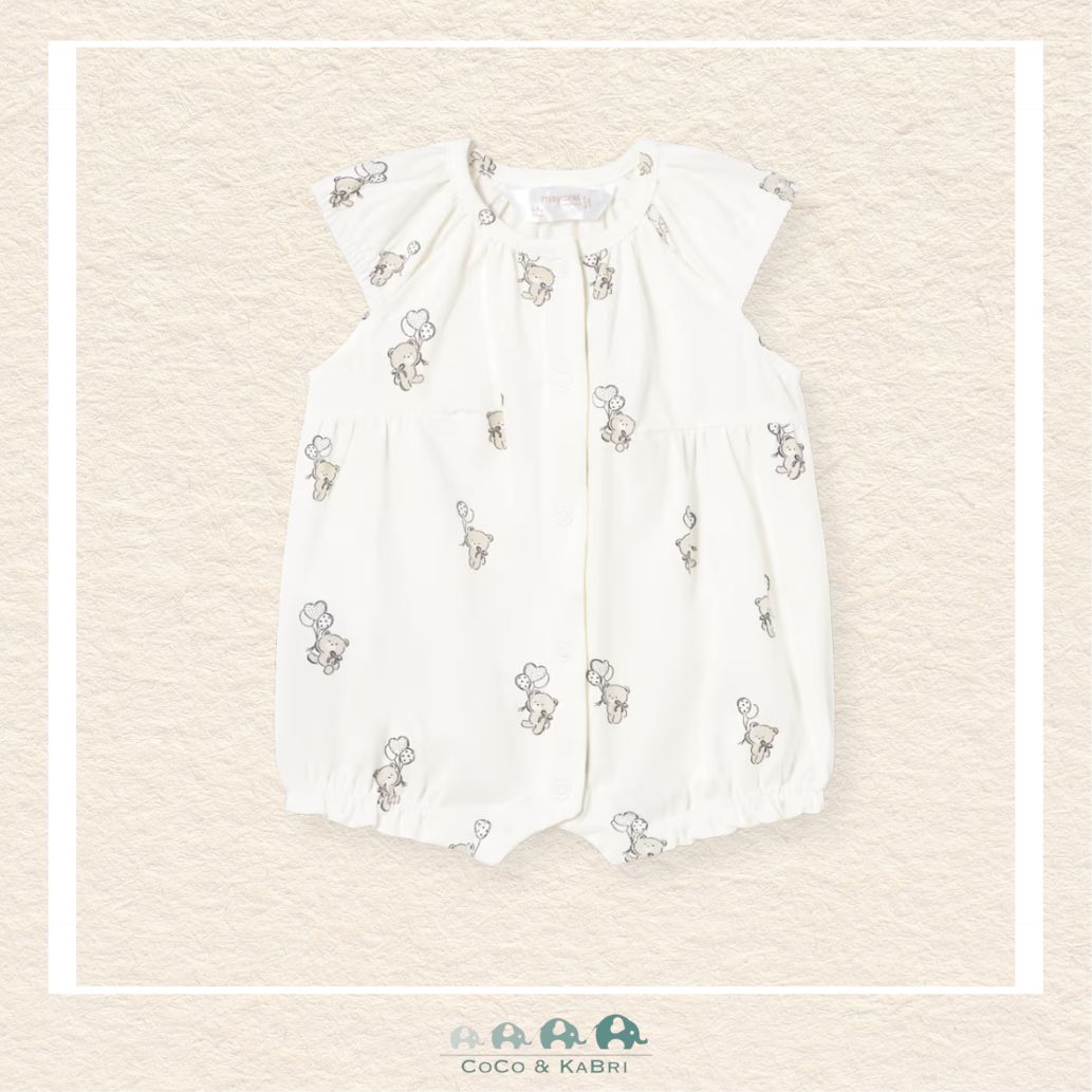 Front view of Mayoral baby girl teddy romper featuring a soft-stretch cotton blend for sizes 0-18M | Canada