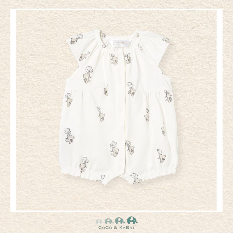 Front view of Mayoral baby girl teddy romper featuring a soft-stretch cotton blend for sizes 0-18M | Canada