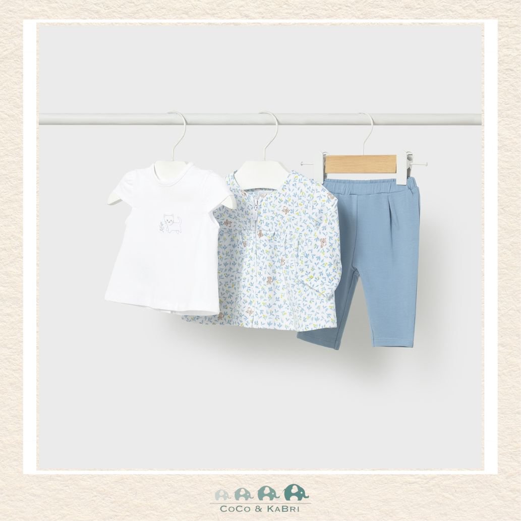 Mayoral Baby Girl Three-Piece Outfit on infant showing the coordinated sweatshirt, tee, and flexible trousers | Canada