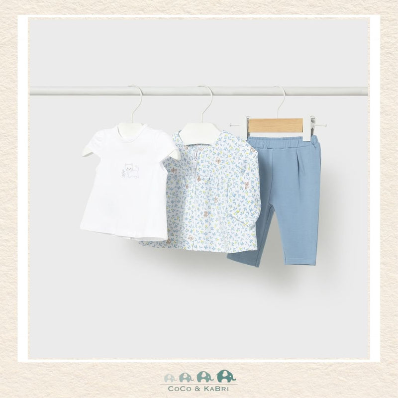Mayoral Baby Girl Three-Piece Outfit on infant showing the coordinated sweatshirt, tee, and flexible trousers | Canada
