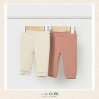Front view of Mayoral baby 2-pack pants featuring a versatile clay pair and a warm beige pair for sizes 2/4m-18M | Canada