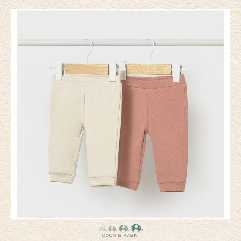 Front view of Mayoral baby 2-pack pants featuring a versatile clay pair and a warm beige pair for sizes 2/4m-18M | Canada