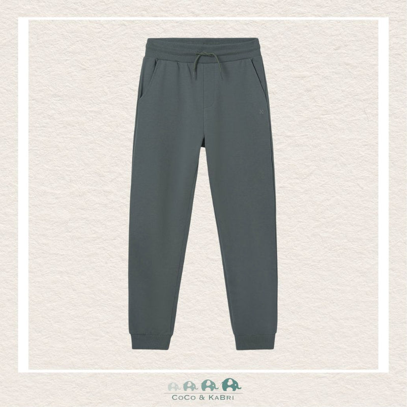 Front view of Mayoral boys green joggers featuring a secure drawstring waistband and high-quality soft fleece finish | Canada