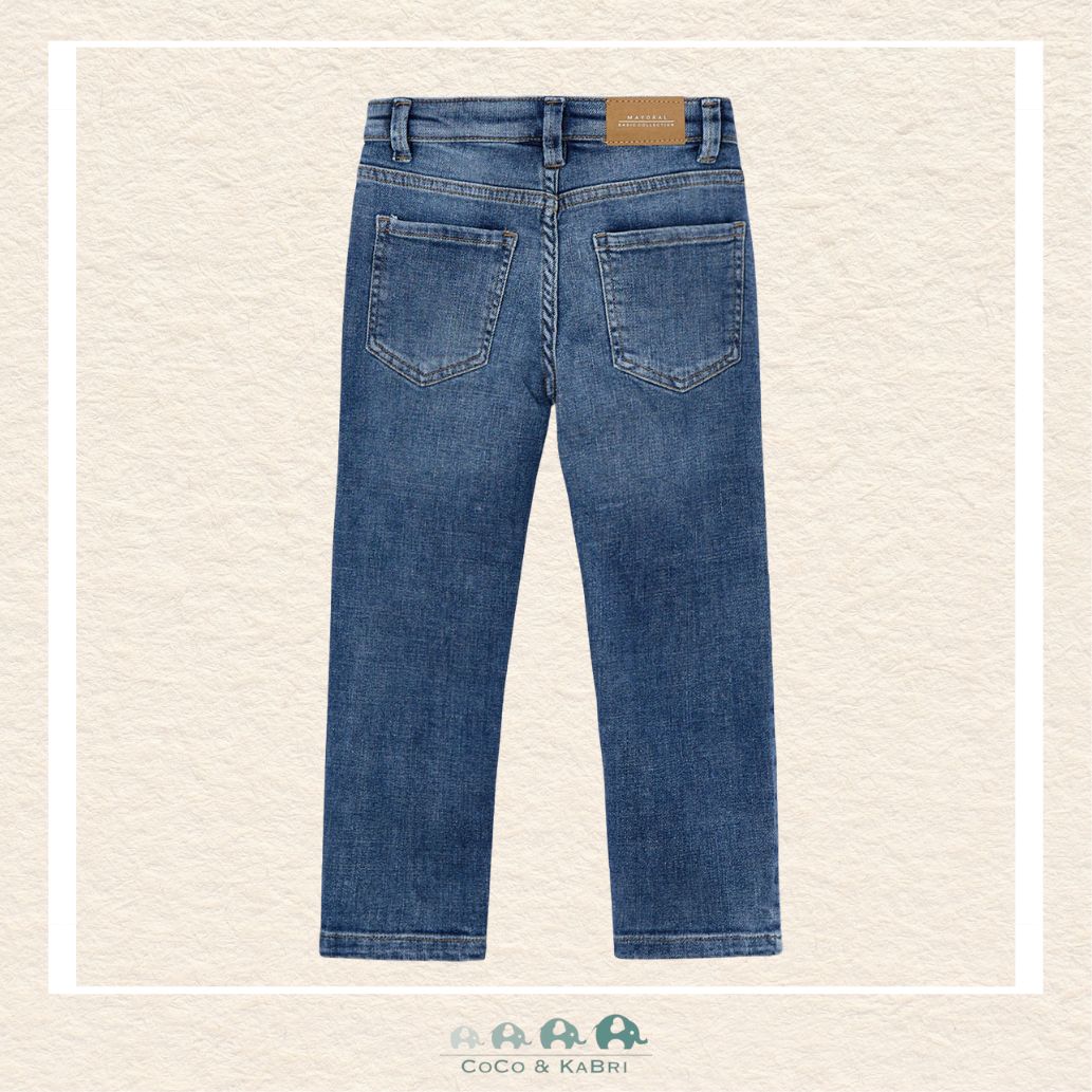 Back view of Mayoral boys dark denim pants showing the high-quality tailoring and durable reinforced construction | Canada