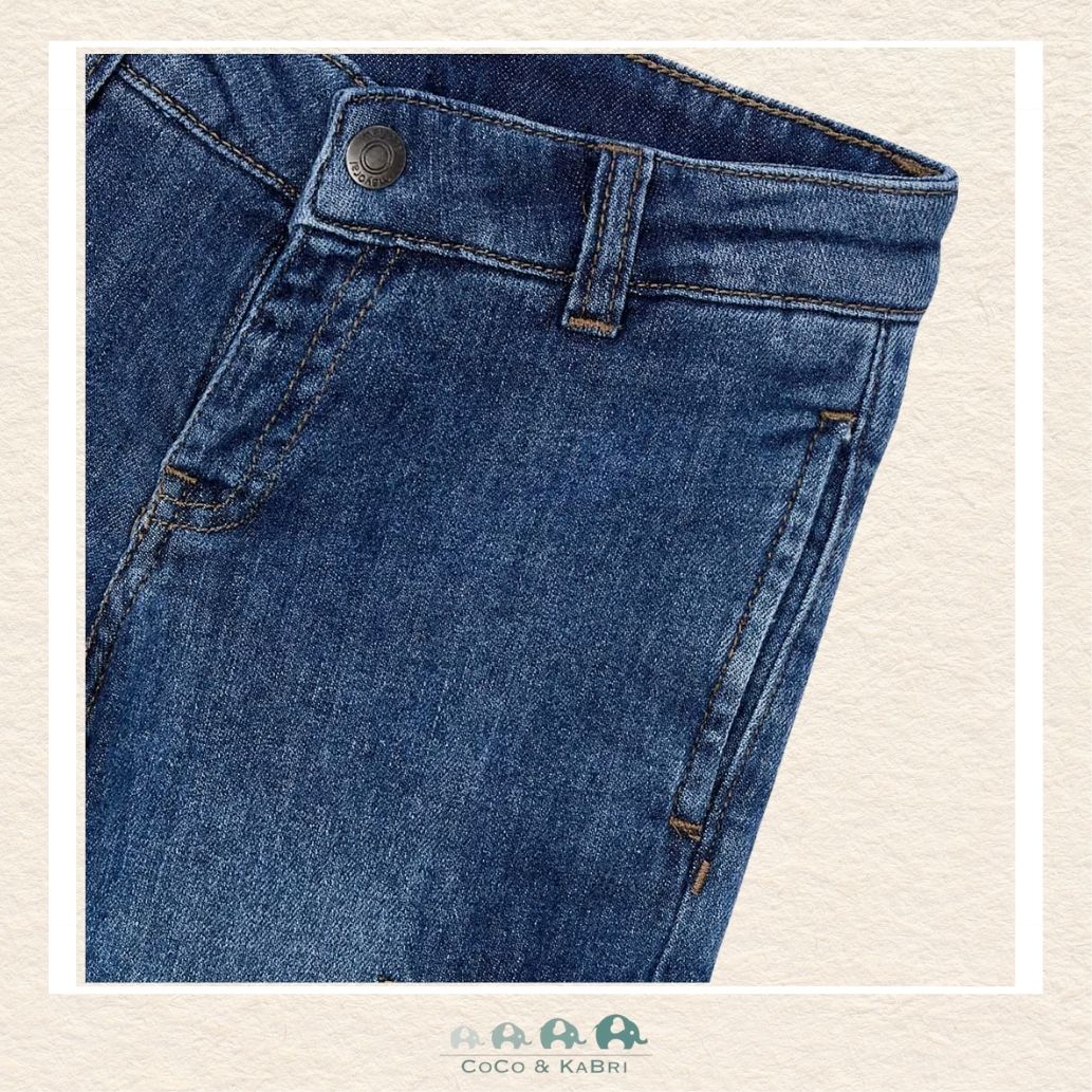 Close-up of Mayoral cargo denim fabric showing the authentic cotton texture and secure utility pocket detail | Canada