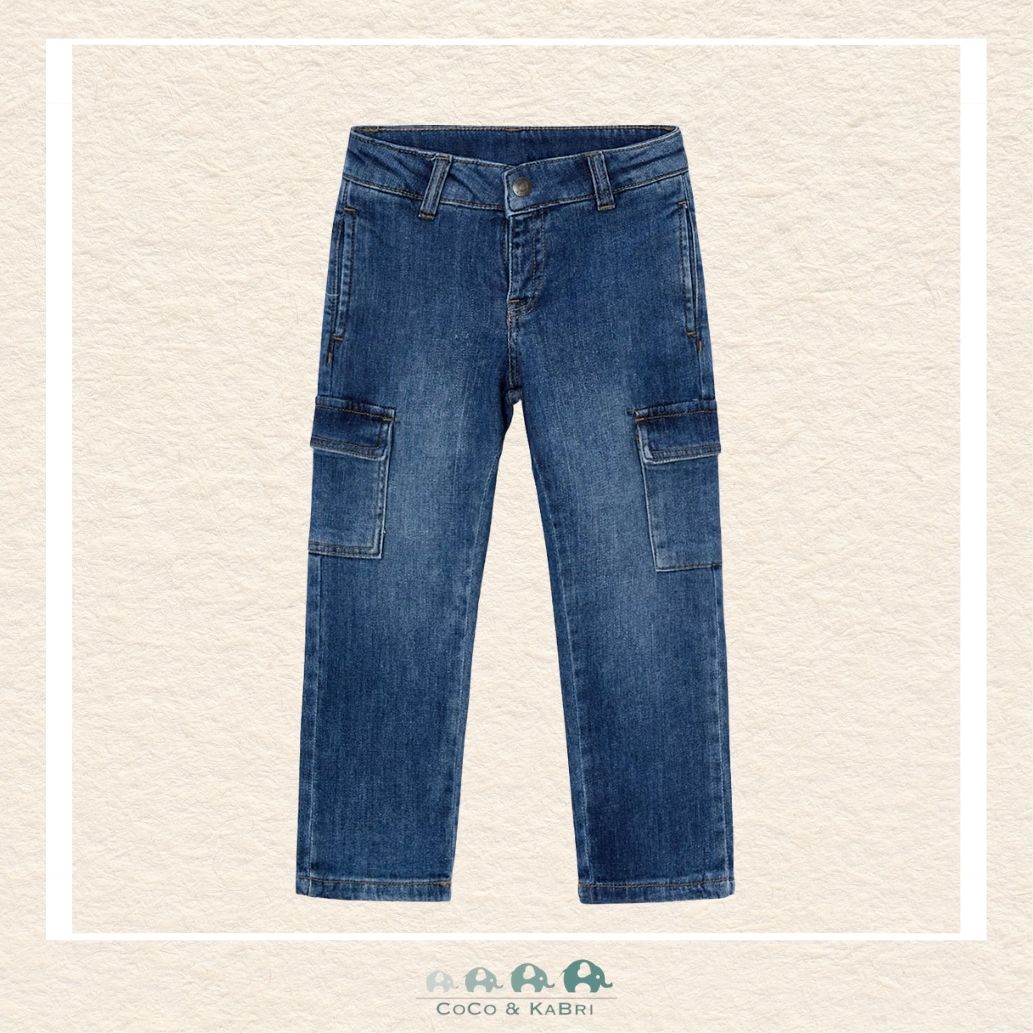 Front view of Mayoral boys cargo jeans in a durable cotton-stretch denim for sizes 2-10 | Canada