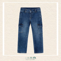 Front view of Mayoral boys cargo jeans in a durable cotton-stretch denim for sizes 2-10 | Canada