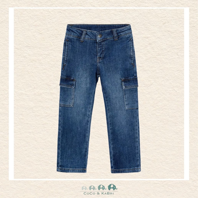 Front view of Mayoral boys cargo jeans in a durable cotton-stretch denim for sizes 2-10 | Canada