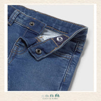 Close-up of Mayoral denim fabric showing the premium textured indigo wash and soft-stretch finish | Canada