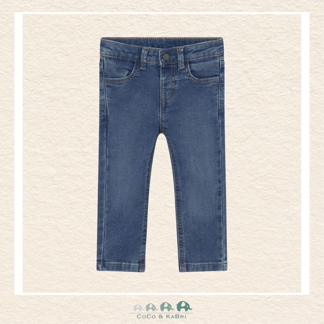 Front view of Mayoral boys denim pants featuring a durable cotton-rich blend for sizes 6M-4 | Canada