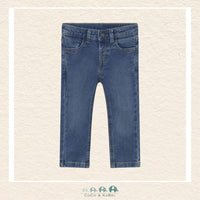 Front view of Mayoral boys denim pants featuring a durable cotton-rich blend for sizes 6M-4 | Canada