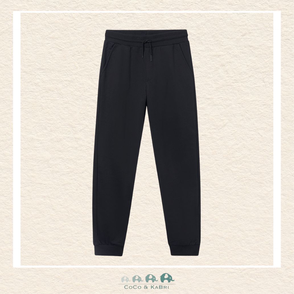 Front view of Mayoral boys black fleece pants featuring a soft-stretch cotton blend for sizes 8-18 | Canada