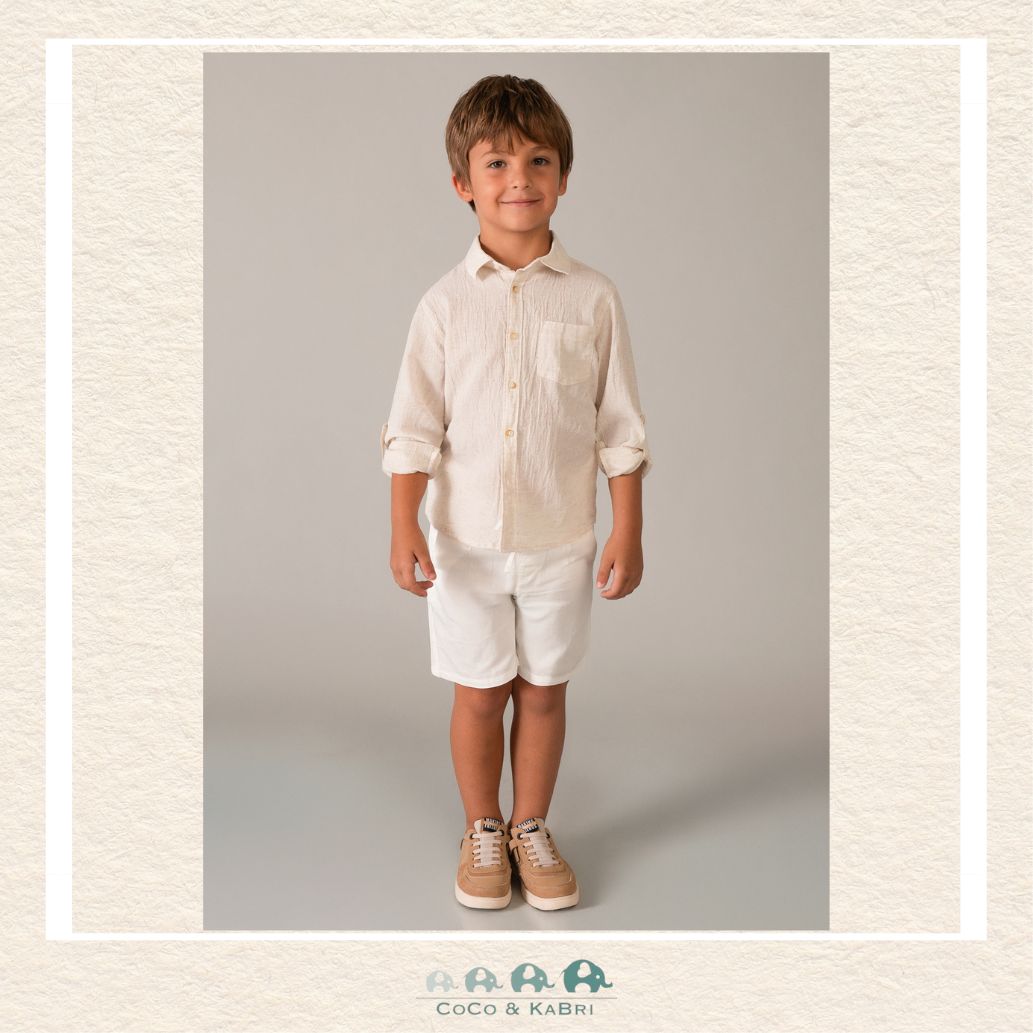 Mayoral Boys Oat Linen Button-Up on model showing the handsome regular fit and natural neutral tone | Canada