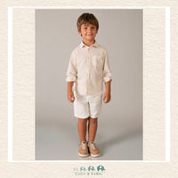 Mayoral Boys Oat Linen Button-Up on model showing the handsome regular fit and natural neutral tone | Canada