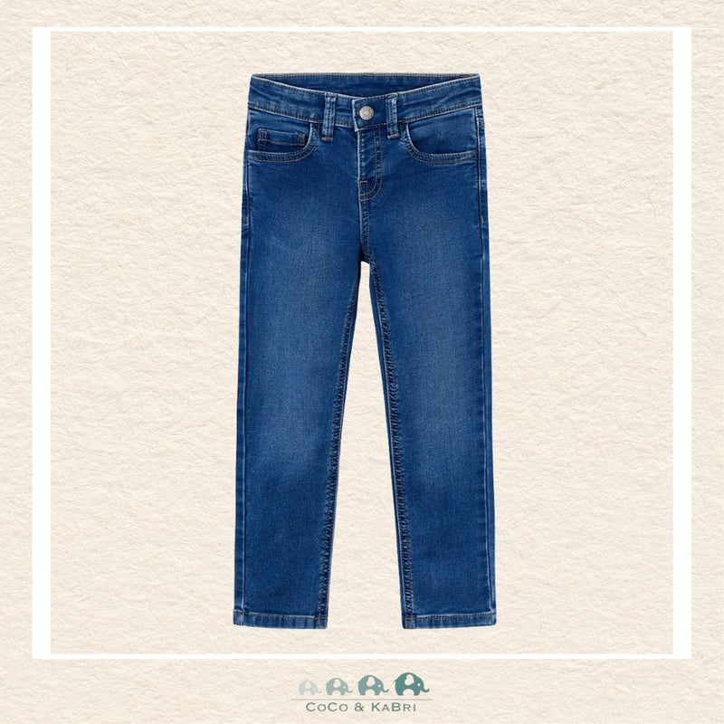 Front view of Mayoral boys durable indigo jeans in a reinforced cotton-polyester blend | Canada