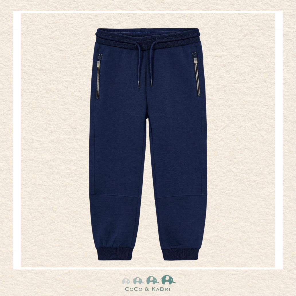 Front view of Mayoral boys navy joggers featuring a flexible elastic waistband for easy dressing | Canada