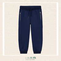 Front view of Mayoral boys navy joggers featuring a flexible elastic waistband for easy dressing | Canada