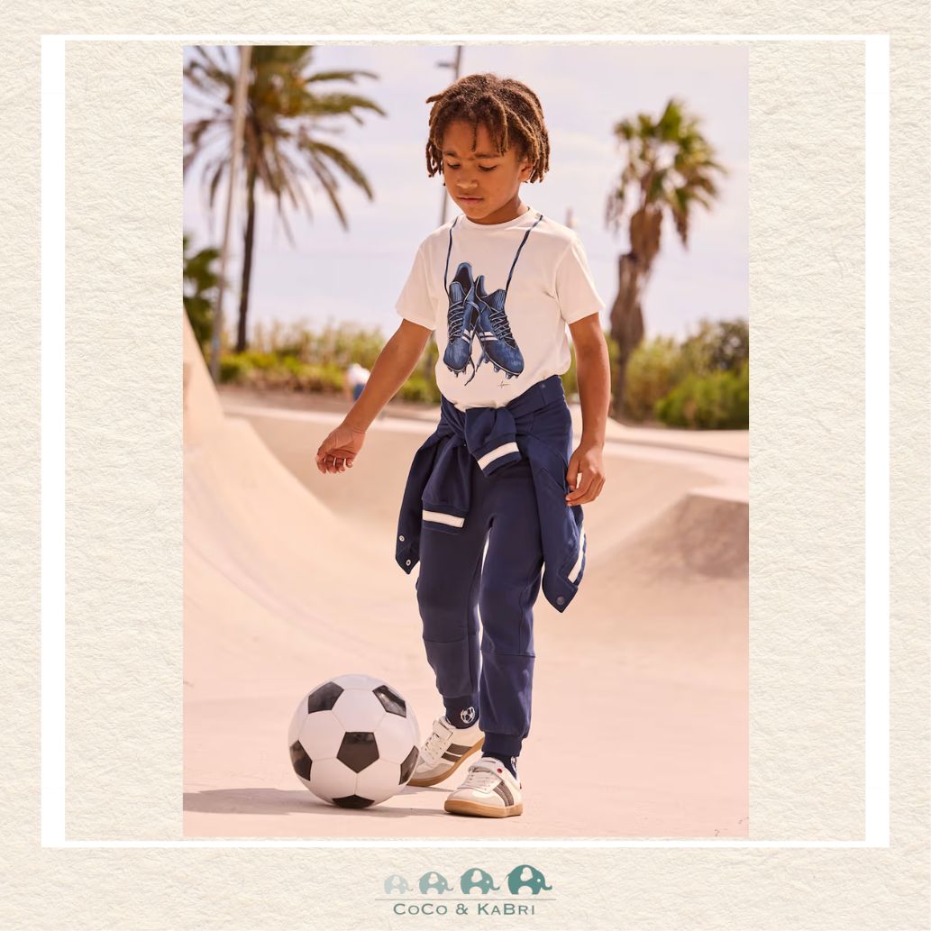 Mayoral Boys Navy Jogging Pants on model showing the relaxed athletic fit and comfortable stretch | Canada