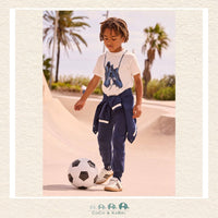 Mayoral Boys Navy Jogging Pants on model showing the relaxed athletic fit and comfortable stretch | Canada