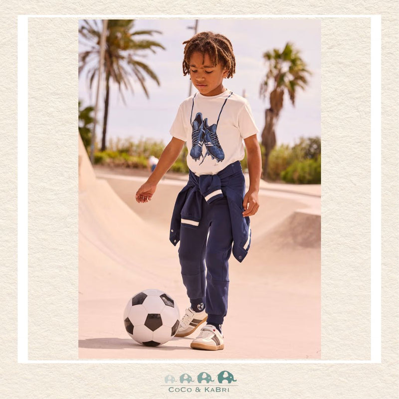 Mayoral Boys Navy Jogging Pants on model showing the relaxed athletic fit and comfortable stretch | Canada
