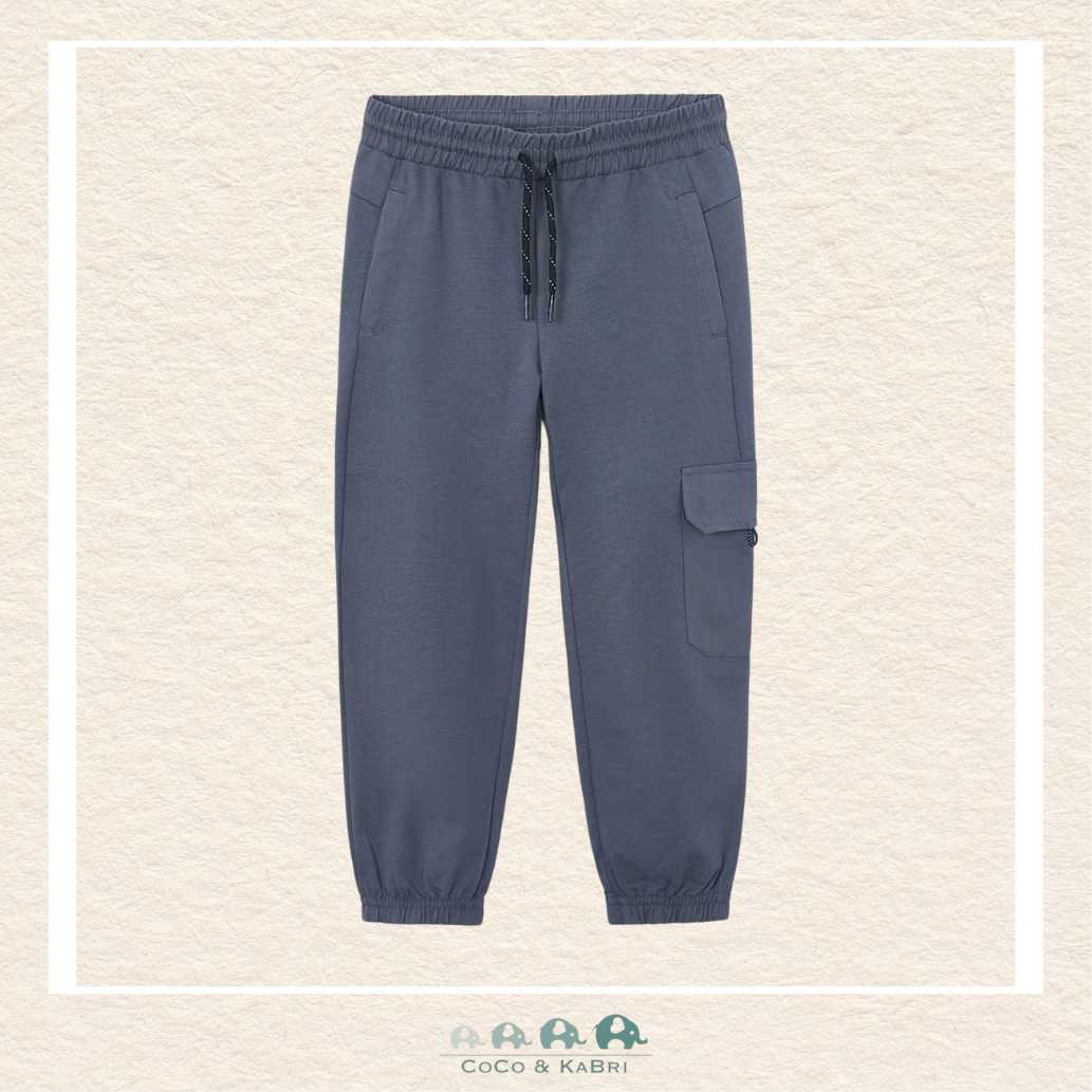 Front view of Mayoral boys trousers in Lead Blue featuring a durable cotton-polyester blend | Canada