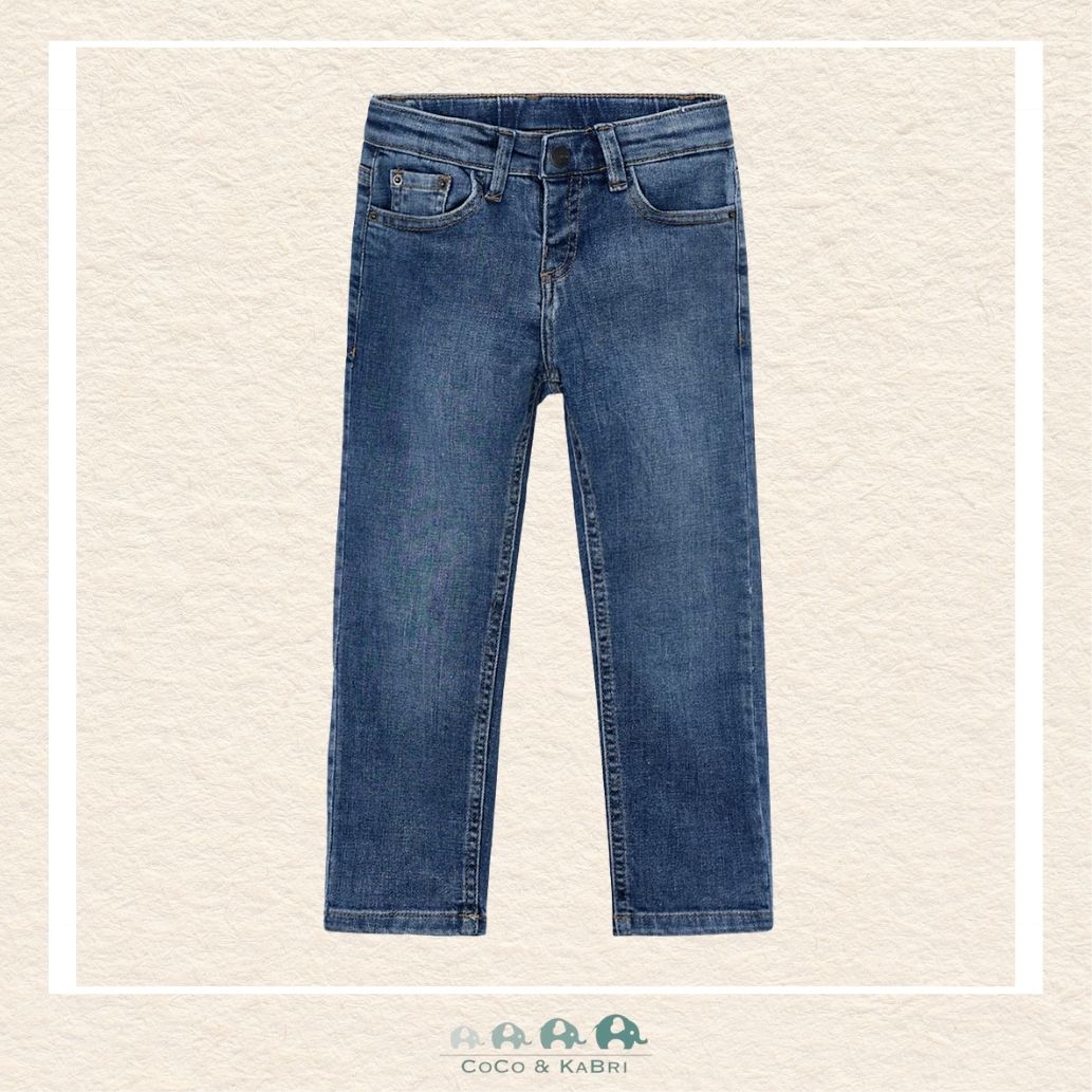 Front view of Mayoral boys regular fit jeans featuring a durable 98% cotton-stretch blend for sizes 2-10 | Canada