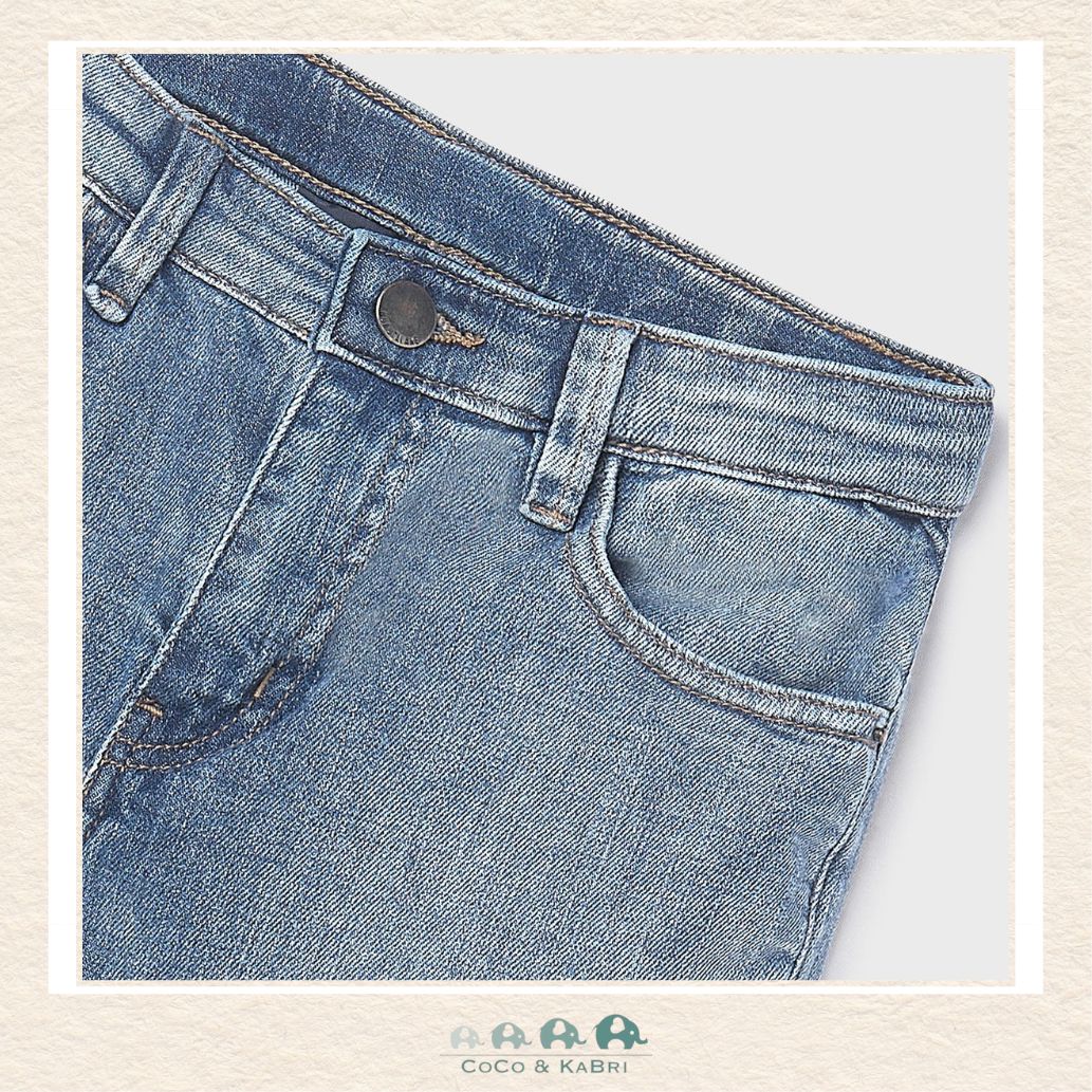 Close-up of Mayoral fabric showing the premium light-wash denim texture and soft-stretch boutique finish | Canada