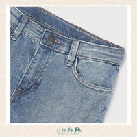 Close-up of Mayoral fabric showing the premium light-wash denim texture and soft-stretch boutique finish | Canada