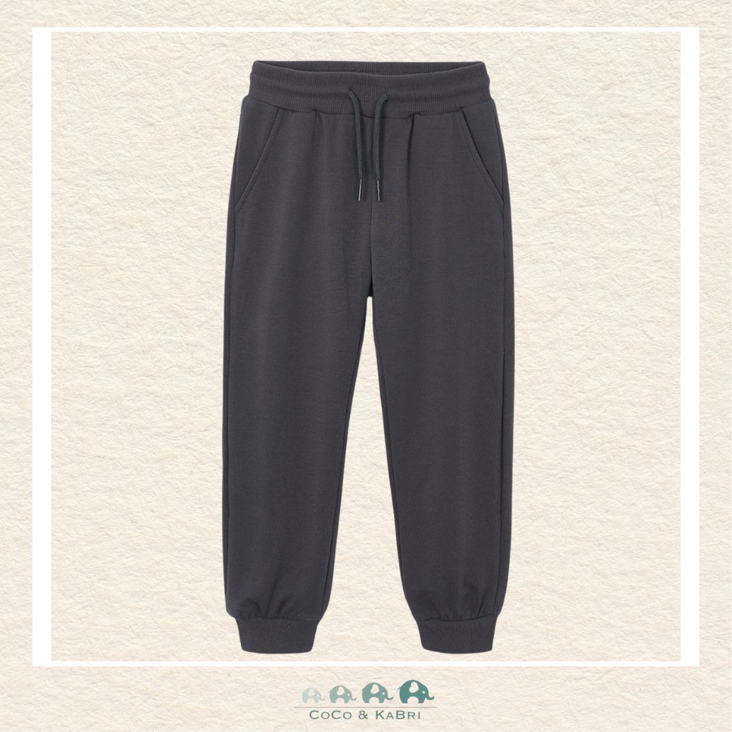 Front view of Mayoral boys coal fleece pants featuring a soft brushed interior and elasticated cuffs for sizes 2-10 | Canada