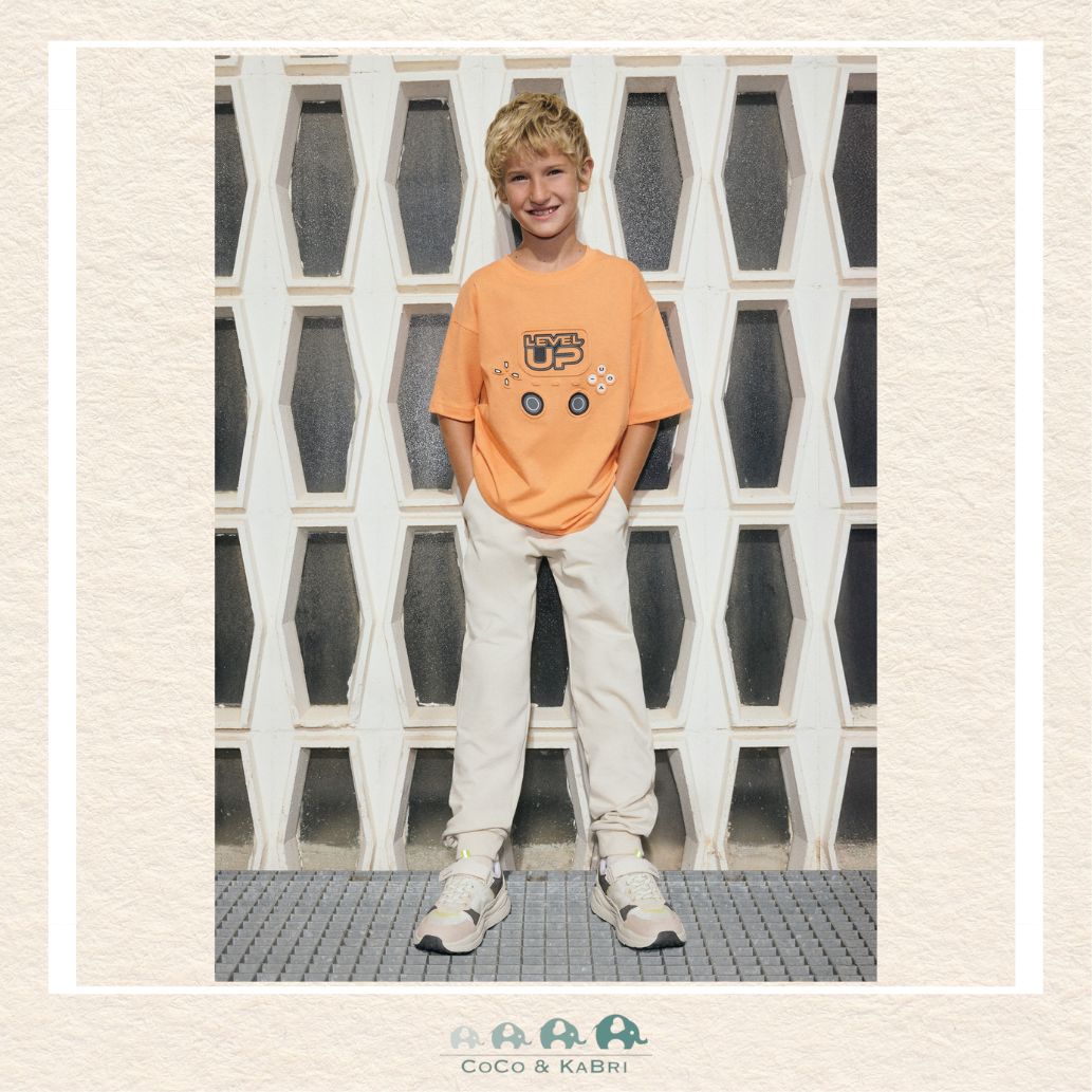 Mayoral Youth Cuffed Fleece Joggers on girl showing the modern tapered fit and cozy cream loungewear style | Canada