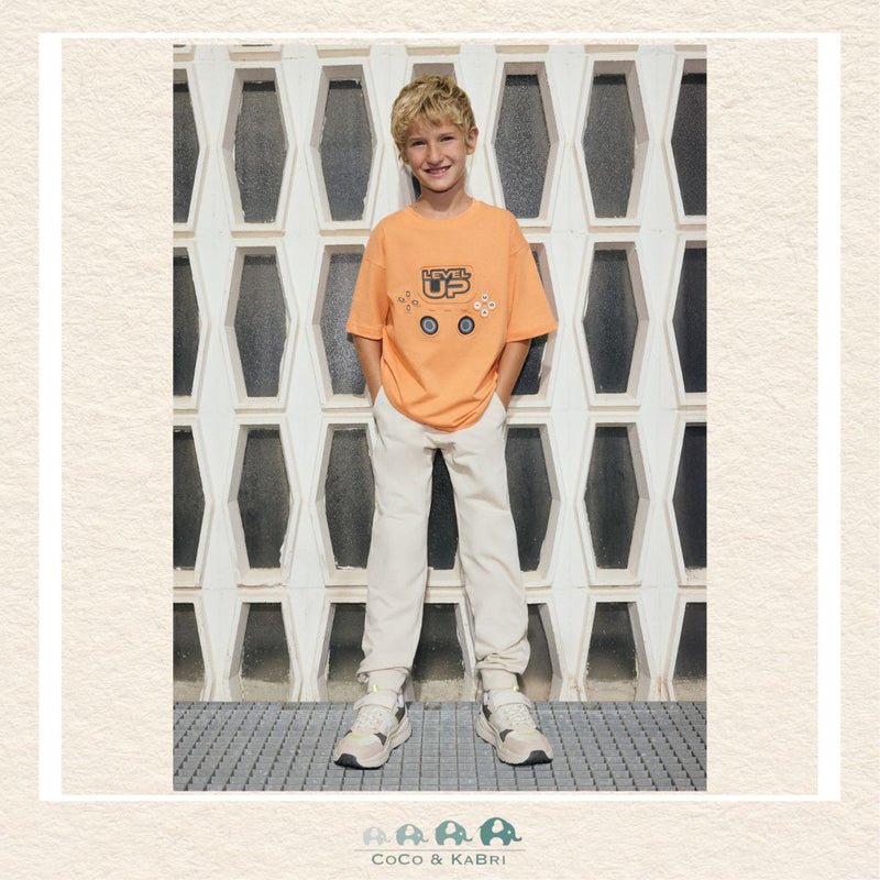 Mayoral Youth Cuffed Fleece Joggers on girl showing the modern tapered fit and cozy cream loungewear style | Canada