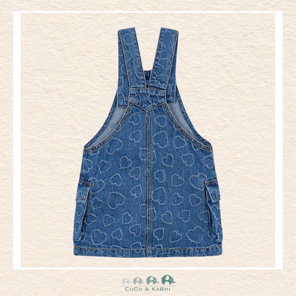 Back view of Mayoral girls denim overall dress showing the durable straps and high-quality construction | Canada