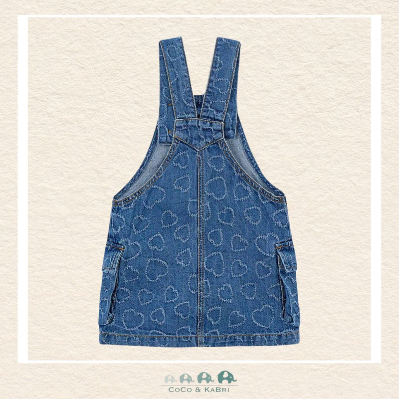 Back view of Mayoral girls denim overall dress showing the durable straps and high-quality construction | Canada