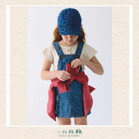 Mayoral Girls Denim Overall Dress on model showing the whimsical heart pattern and soft Lyocell-blend fit | Canada