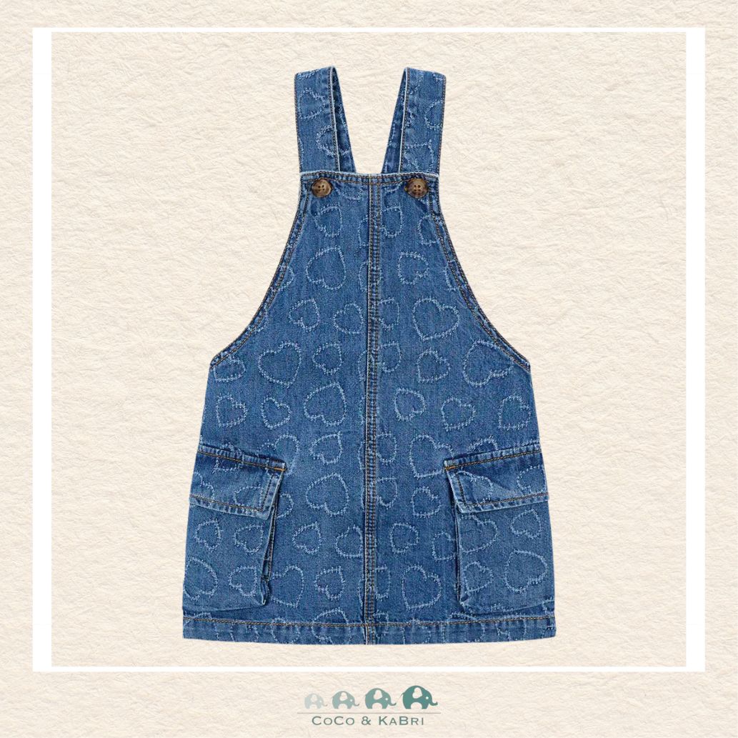Front view of Mayoral girls indigo heart pattern denim overall dress in sizes 2-10 | Canada