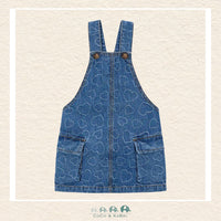 Front view of Mayoral girls indigo heart pattern denim overall dress in sizes 2-10 | Canada