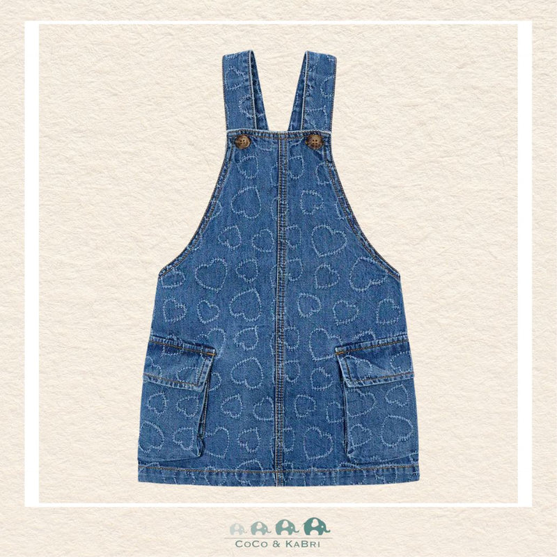 Front view of Mayoral girls indigo heart pattern denim overall dress in sizes 2-10 | Canada