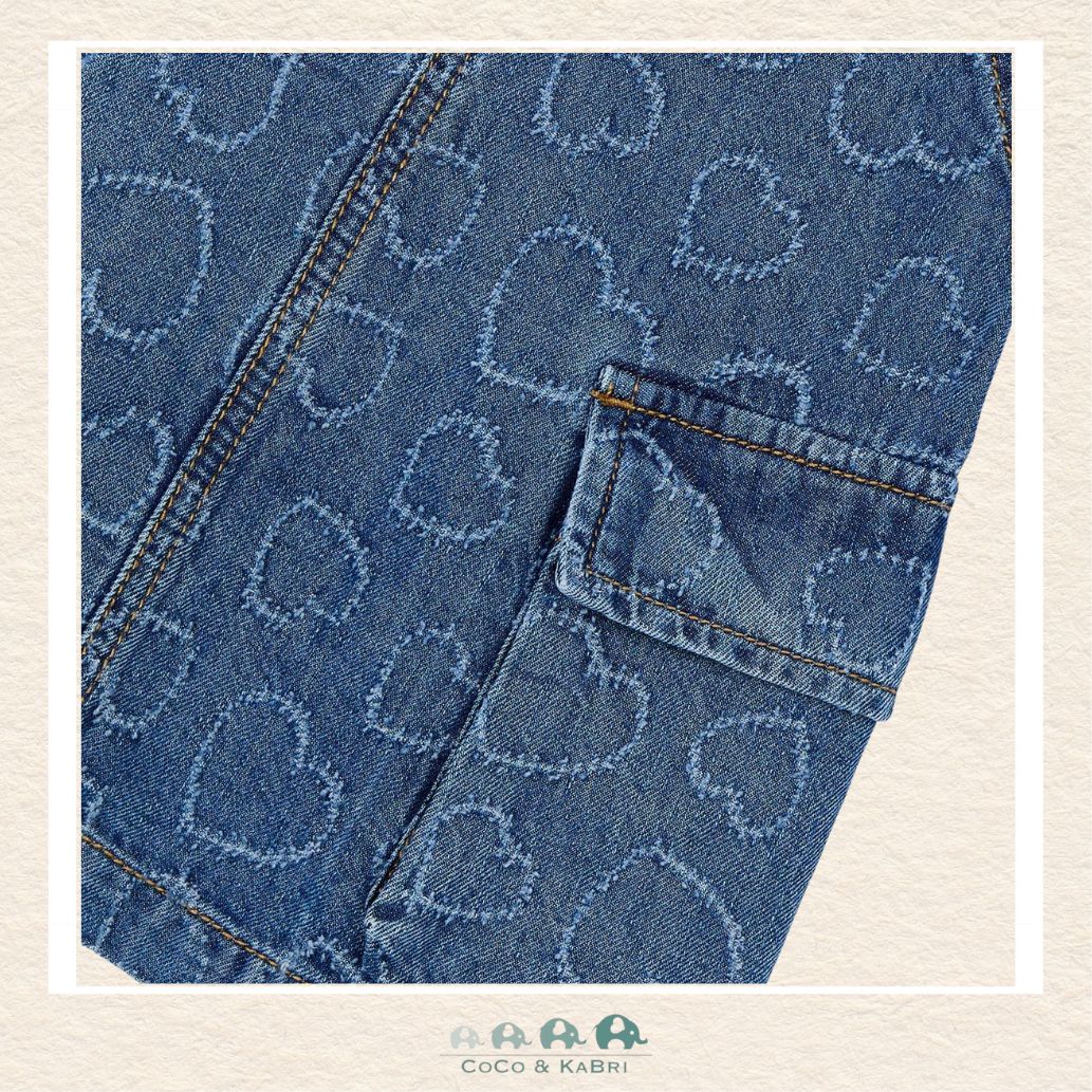 Close-up of Mayoral denim fabric showing the sweet heart pattern and soft cotton-lyocell texture | Canada