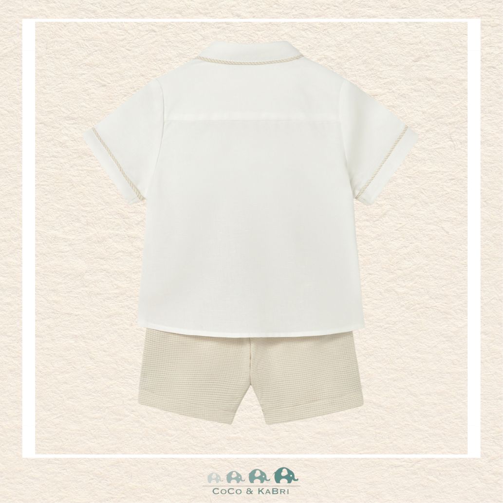 Back view of Mayoral boys shirt and shorts set showing the high-quality tailoring and durable natural fiber construction | Canada
