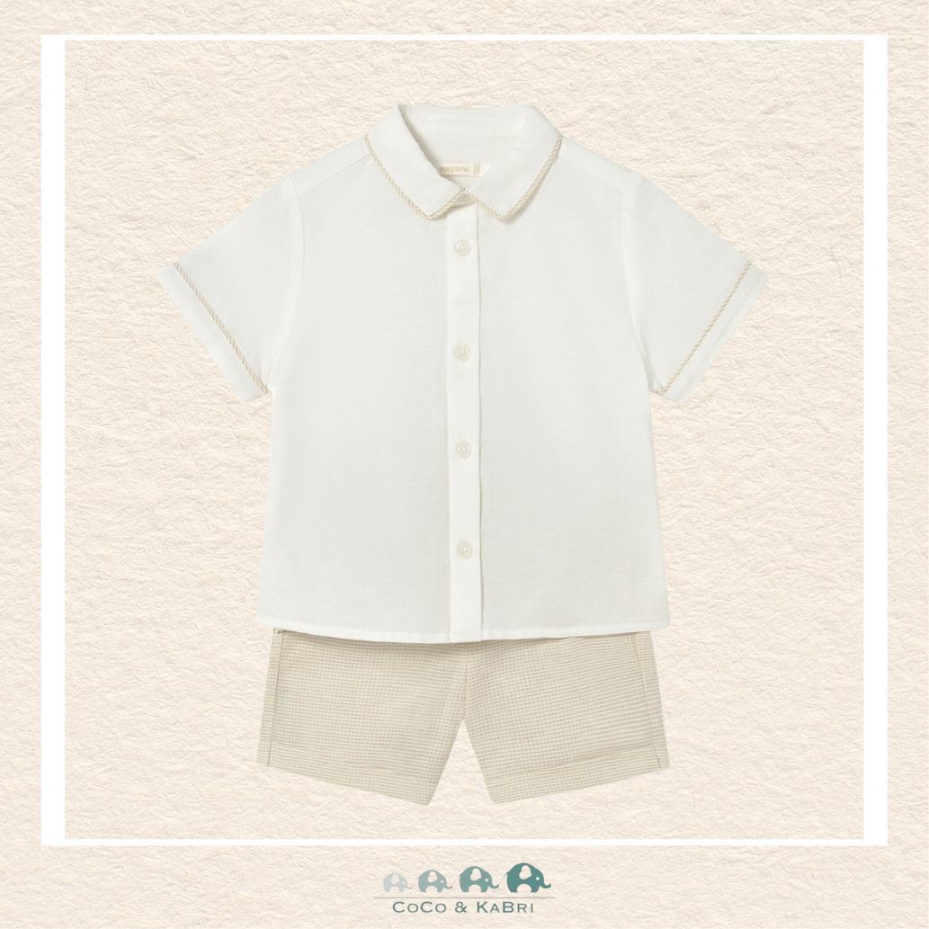 Front view of Mayoral boys two-piece set featuring a short-sleeve linen-cotton button-down and Bermuda shorts for sizes 6M-4 | Canada