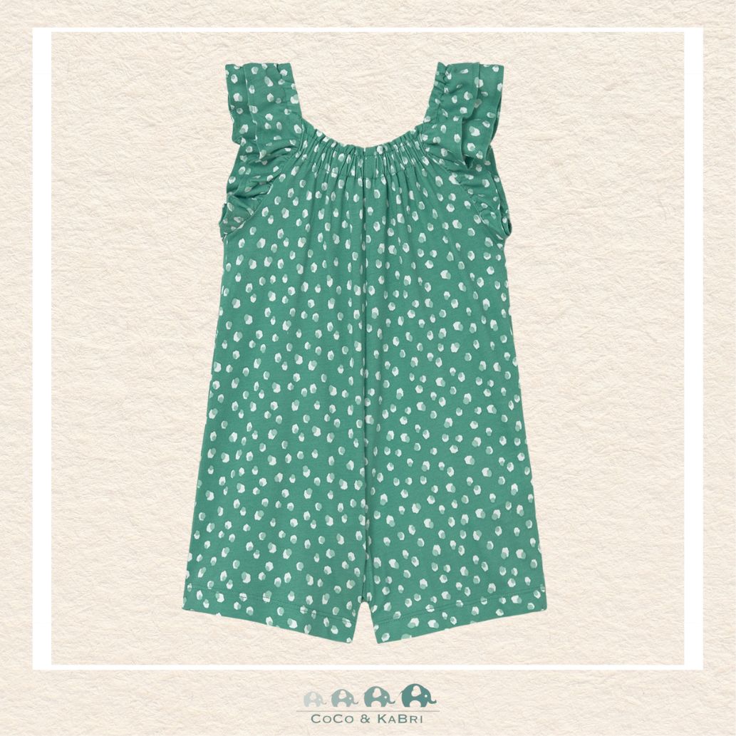 Back view of Mayoral emerald green romper showing the high-quality tailoring and durable cotton construction | Canada