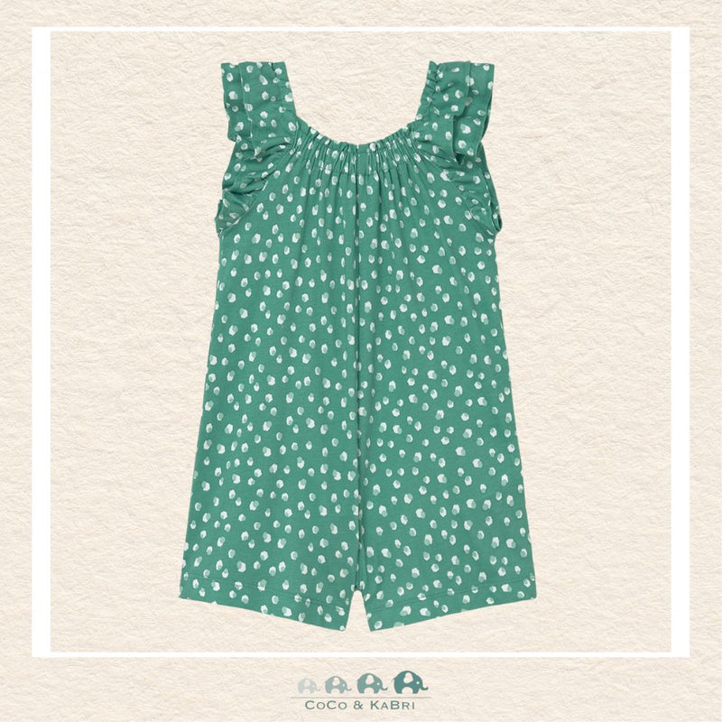 Back view of Mayoral emerald green romper showing the high-quality tailoring and durable cotton construction | Canada