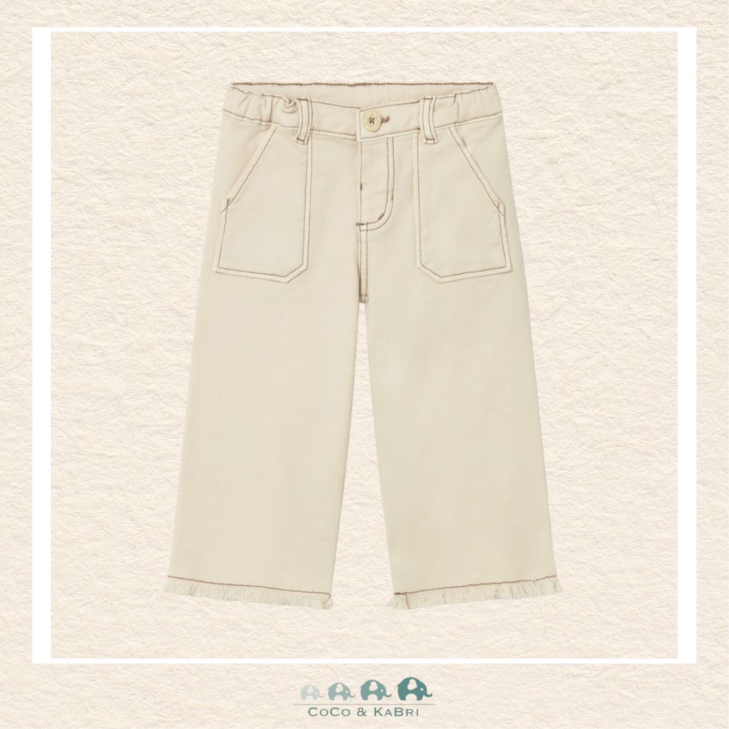 Front view of Mayoral girls wide-leg trousers in a sophisticated sandy chickpea neutral for sizes 6M-4 | Canada