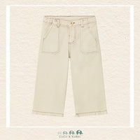 Front view of Mayoral girls wide-leg trousers in a sophisticated sandy chickpea neutral for sizes 6M-4 | Canada