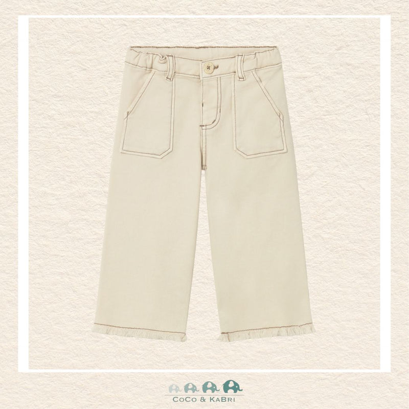 Front view of Mayoral girls wide-leg trousers in a sophisticated sandy chickpea neutral for sizes 6M-4 | Canada