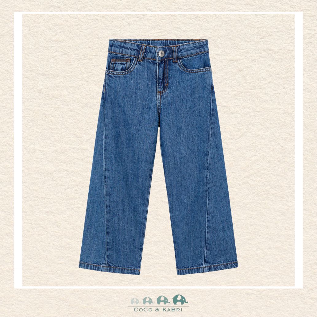 Front view of Mayoral girls dark indigo wide leg jeans in a soft cotton-lyocell blend | Canada